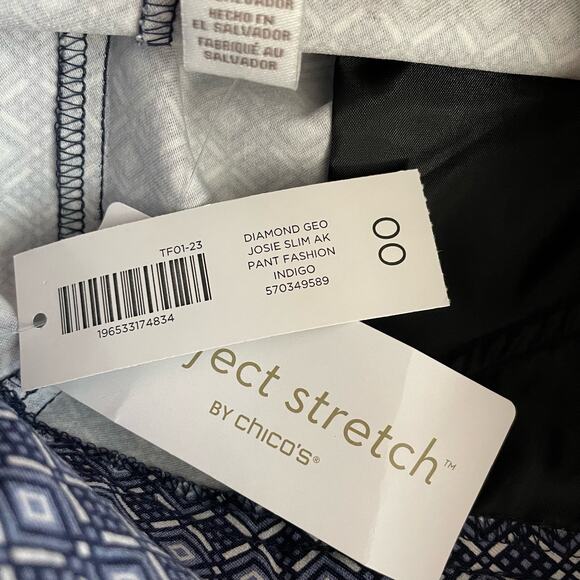 Chicos Josie Slim Ankle Perfect stretch Blue Diamond Classic Crop Pants 00 2 new - Picture 13 of 14